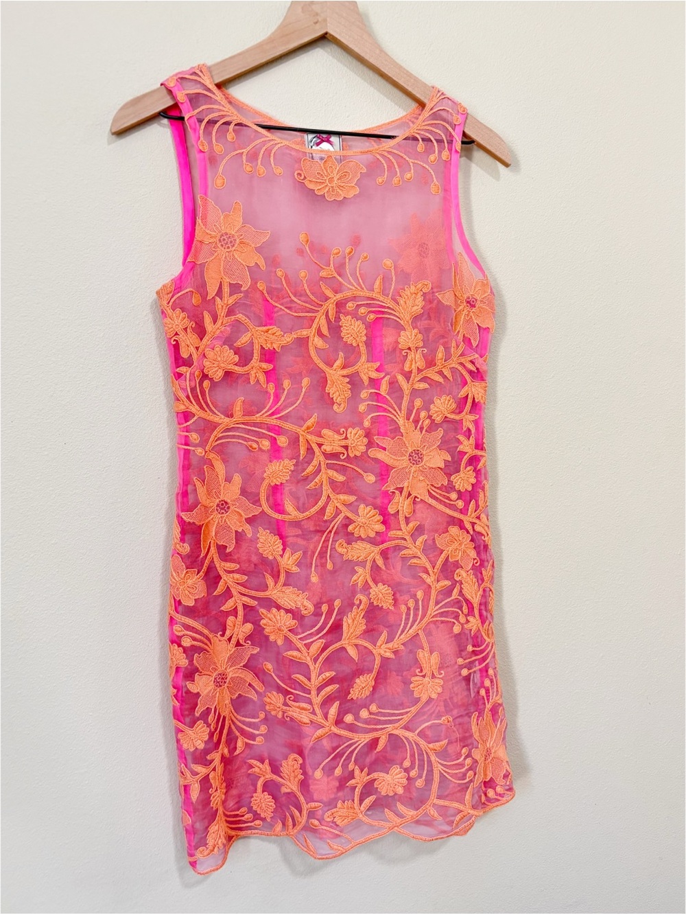 Yoana Baraschi Size 2 Pink Orange Silk Embroidered Sheer Mini Dress - Picture 3 of 8